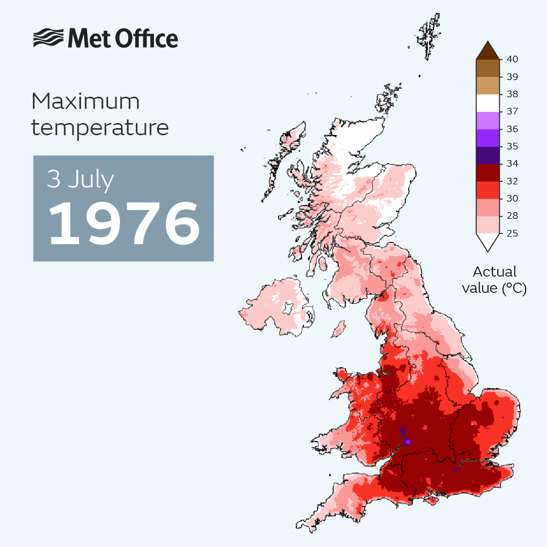 Map showing the heat of the UK during previous extreme heat events. The map shows that July 2022's heat was more intense and widespread than previous events.
