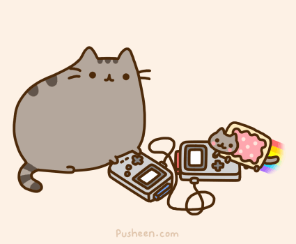 Gif of Pusheen, a fat gray cat, and Nyan Cat, a cat with a pop tart for a body, playing game.