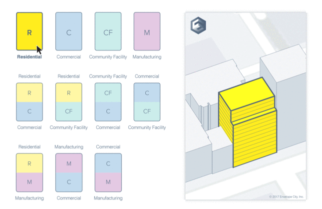 Envelope software displaying building uses available for a particular parcel