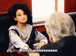 Gif of Mona-Lisa Saperstein from Parks and Rec holding out her hand and saying "Money pleeeeeeease" to Henry Winkler, who plays Dr. Saperstein