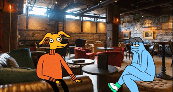 Image of empty Green Lantern bar full of plush furniture, with animated gifs of characters placed on the seating