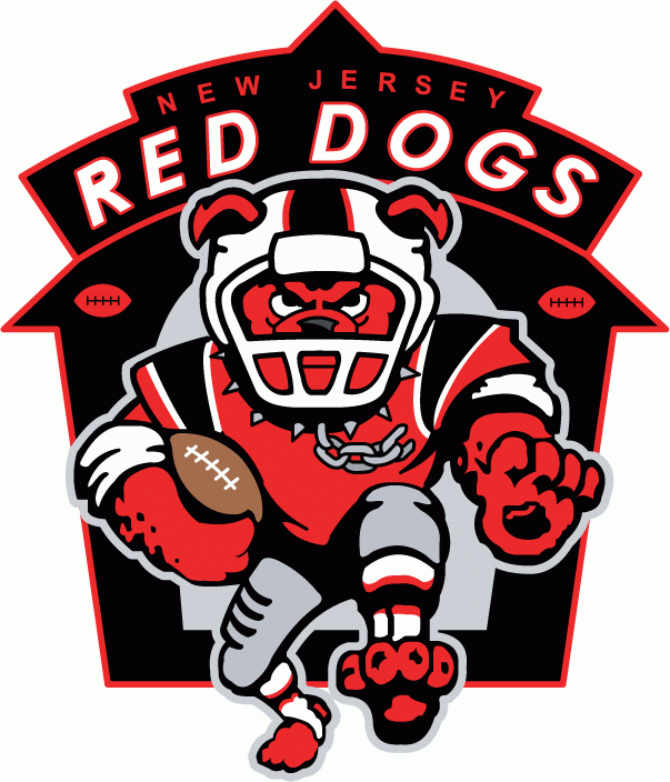 New Jersey Red Dogs Logo Primary Logo (1997-2000) - Red dog in football uniform in front of black doghouse SportsLogos.Net