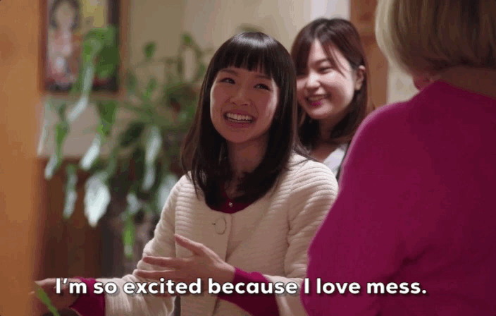 A gif of Marie Kondo with the text "I'm so excited because I love mess."