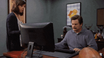 Gif of Ron Swanson staring angrily at his computer, then swift cut to him throwing his entire computer in a dumpster. Gif of Ron Swanson staring angrily at his computer, then swift cut to him throwing his entire computer in a dumpster.
