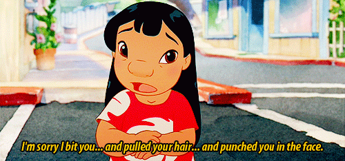 GIF from Lilo & Stitch: Lilo apologies for biting, hair pulling, and punching.