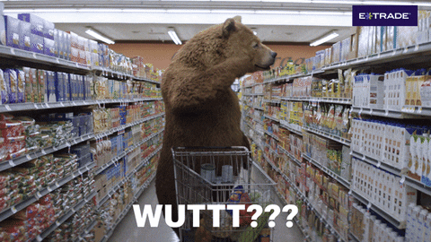 Decisions What GIF: A bear in a grocery store scratches his head as he tries to decide what to put in his shopping cart