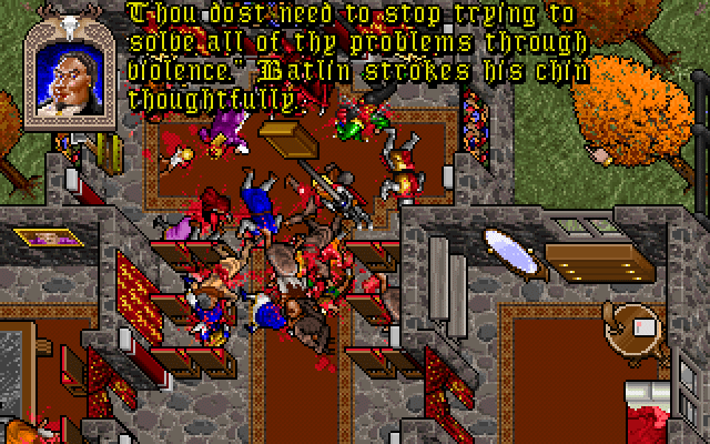 A screenshot from Ultima VII. A character is saying "Thou dost need to stop trying solve all thy problems through violence." A low-resolution image of many dead bodies in a church, viewed from above.