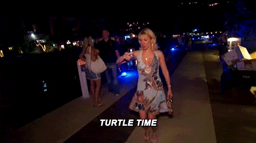 A woman in a dress dancing outisde at night, holding a drink. Text: Turtle Time