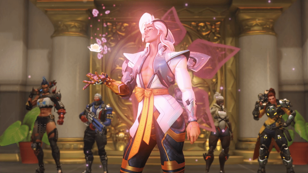 Lifeweaver from the game Overwatch 2. A man with white hair and pink wings tosses a lotus in the air.