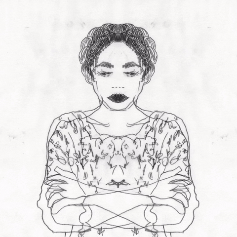 A drawing of a woman appears to split in two. A drawing of a woman appears to split in two.