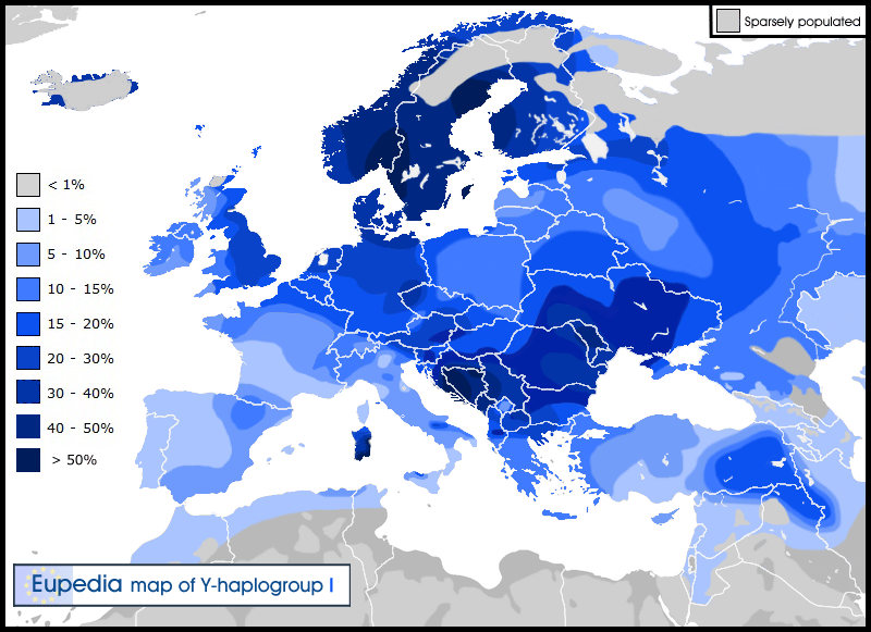 Distribution map of haplogroup I in Europe