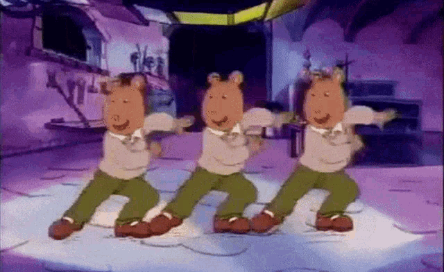 three cartoon characters (the Brain from Arthur) are dancing in a room with a purple background