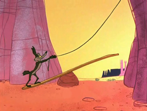 Gif con Wile E. Coyote in un'ambientazione desertica con grosse pareti di roccia: è in piedi su una catapulta di legno, tira una corda per fare scendere un masso, che però gli finisce in testa.