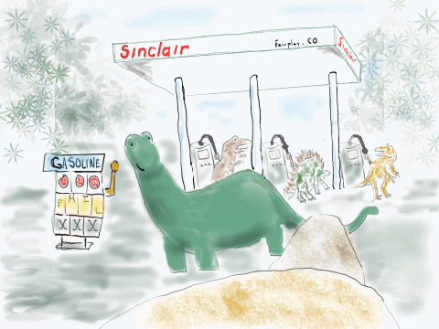 A cartoon depiction of a green dinosaur at a Sinclair gas station.