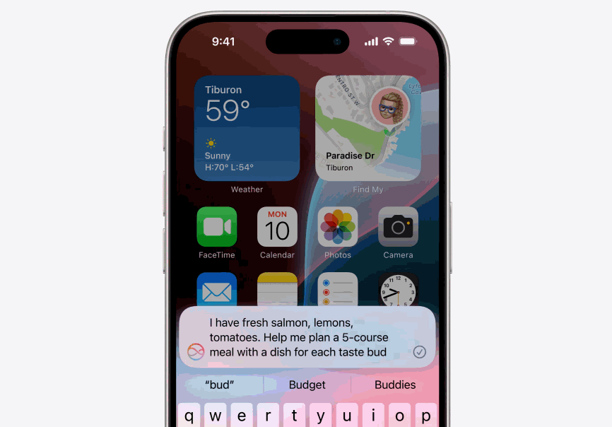 Animated screenshot. User says to Siri: I have fresh salmon, lemons, tomatoes. Help me plan a 5-course meal with a dish for each taste bud. Siri shows a dialog Do you want me to use ChatGPT to do that? User clicks Use ChatGPT and gets a generated response.