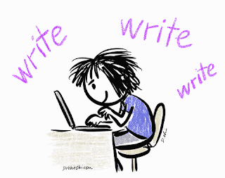 An animated cartoon girl, sitting at a desk and typing away in deep concentration, with the word 'WRITE" animated in the background and dancing around.