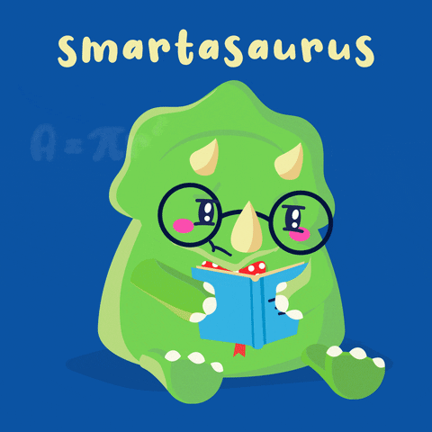 Smartasaurus dinosaur with glasses reading a book GIF by YEETZ!