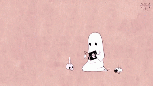 cozy ghost sitting with skull candles and reading a book