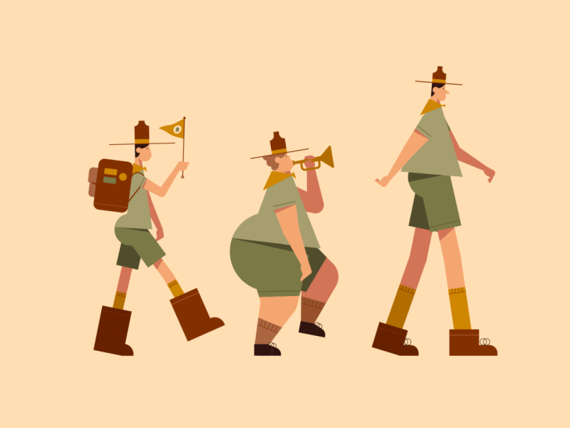 This may contain: three people in different outfits and hats, one with a backpack and the other with a trumpet