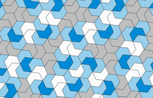 An animated gif showing interlocking, 13-sided polygons in shades of blue, grey and white. Together, they form an endless, never-repeating pattern. The polygon’s sides shorten and elongate, creating a hypnotic effect.
