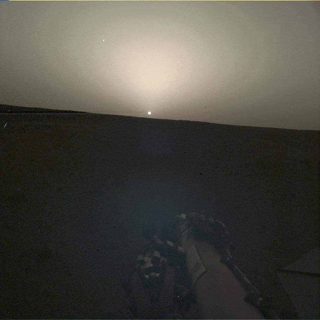NASA's InSight lander snapped a series of images of the Sun rising and setting on Mars using the camera on its robotic arm on April 10, 2022, the 1,198th Martian day, or sol, of the mission.