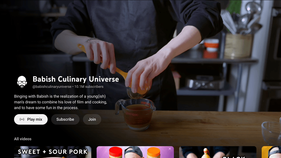 YouTube TV interface for immersive video previews on creator Channels