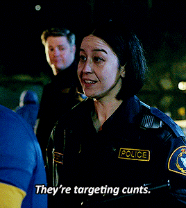 gif of Nina Oyama as Abby Matsuda in deadloch, a young police woman, saying 'They're targeting cunts.'