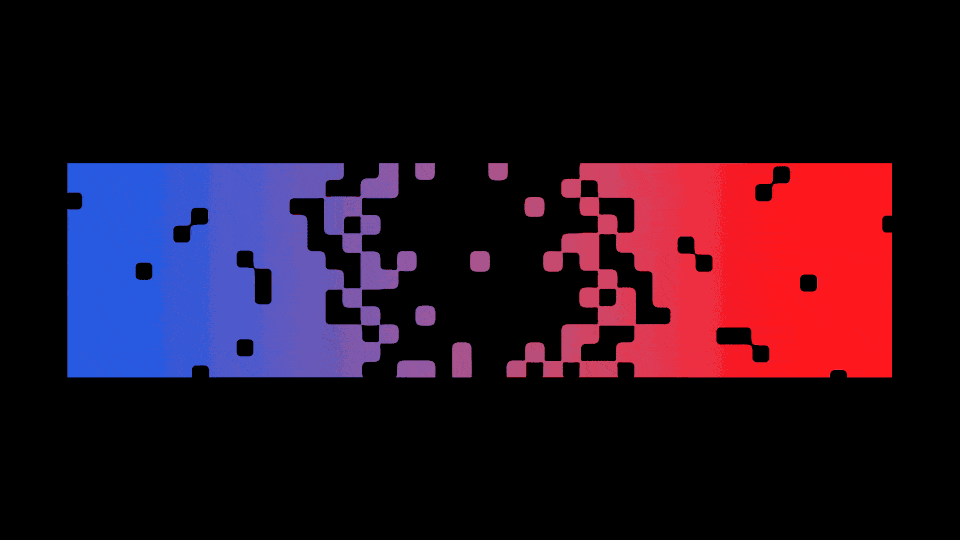 A rotating, pixelated red-and-blue rectangle