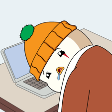 a cartoon of a person wearing an orange beanie laying on a desk in front of a laptop