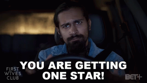 a man in a car with the words " you are getting one star " above him