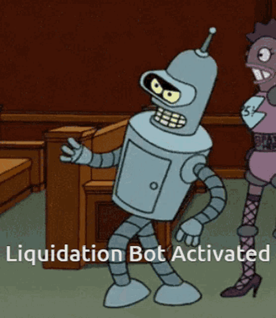 bender from futurama is dancing in a courtroom with the words liquidation bot activated above him