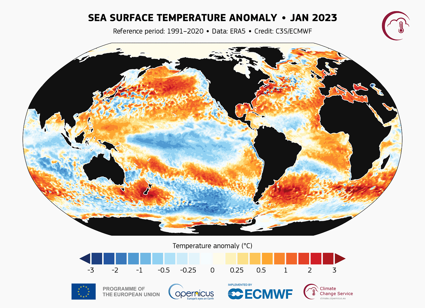 Monthly sea surface temperature anomalies in 2023 relative to the averages for the 1991–2020 reference period for the corresponding months. Data: ERA5. Credit: C3S/ECMWF