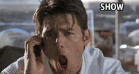 Movie gif. Tom Cruise as Jerry Maguire shouts the catchphrase into his phone. Text, "Show me the money!!!"