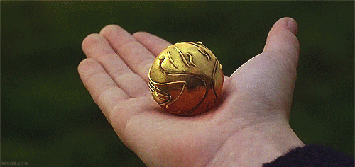 Gif da Harry Potter, con primo piano di una mano che regge il boccino d'oro, mentre si apre, liberando le due ali dorate.