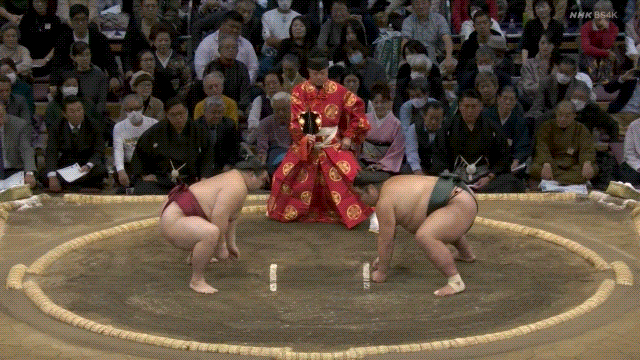 Grand Sumo: Nishikigi (green) defeats Takanosho (red).