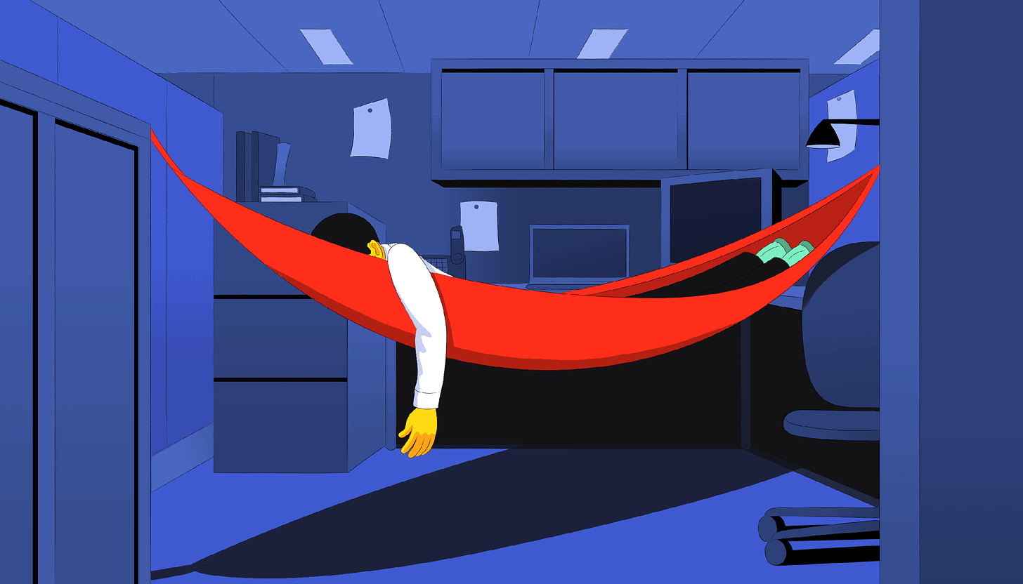 An illustration of a person sleeping in a hammock which is hanging in an office cubicle.