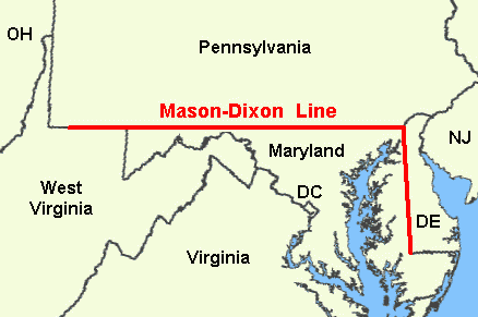 Mason-Dixon Line in red against the states it borders, depicted in yellow