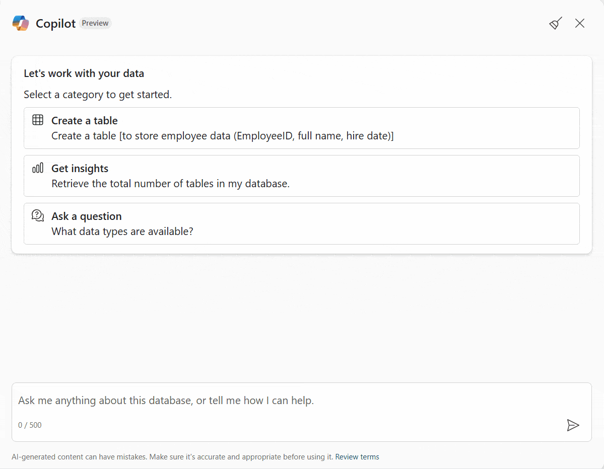 A GIF demonstrating a user asking Copilot about available data types, with Copilot providing a detailed response based on SQL Server documentation.