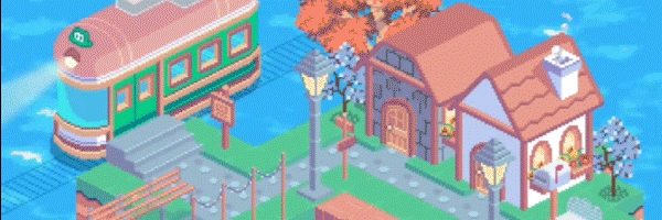 whimsical vegetable characters relaxing in a self-built, cozy town with trees, beaches, and tiny houses.