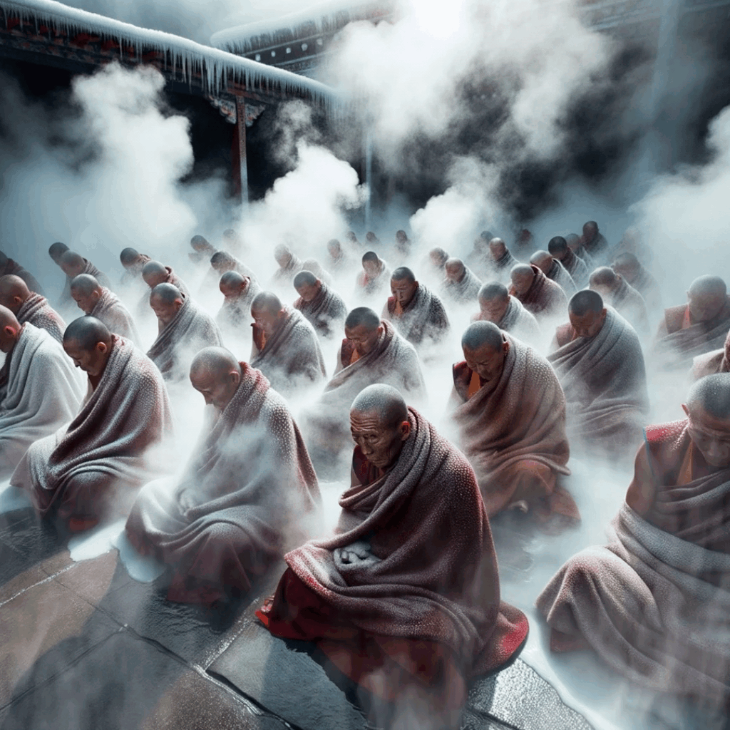 Monks meditating in mist