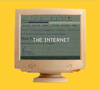 tela tubo de computador antigo com imagens distorcidas em animação na tela. Está escrito "internet is unavailable". o fundo é chapado amarelo
