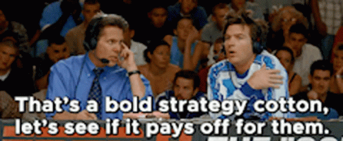 two men talking in front of a crowd with the words that 's a bold strategy cotton let 's see if it pays off