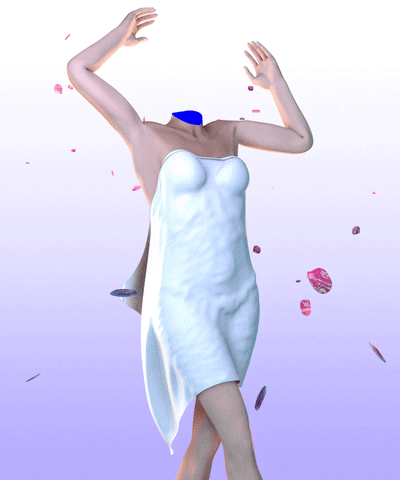 GIF of a computer generated image of a headless woman standing with her arms above her head as bits of her brain float around in the air around her