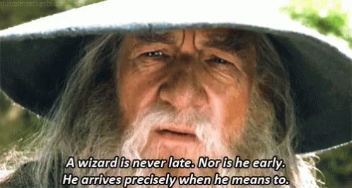 Gif of Gandalf saying A Wizard is never late. Nor is her early. He arrives precisely when he means to.
