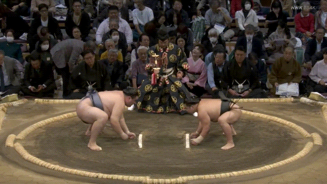 Grand Sumo: Midorifuji (green) defeats Kinbozan (grey).