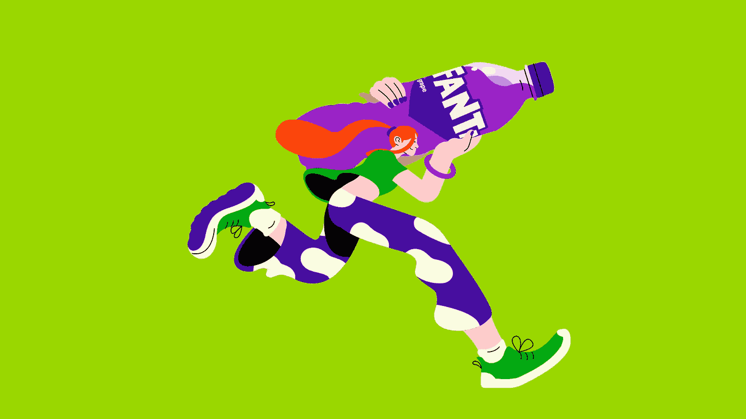 Animation of an illustrated character with long red hair carrying a bottle of purple Fanta on their shoulders while running