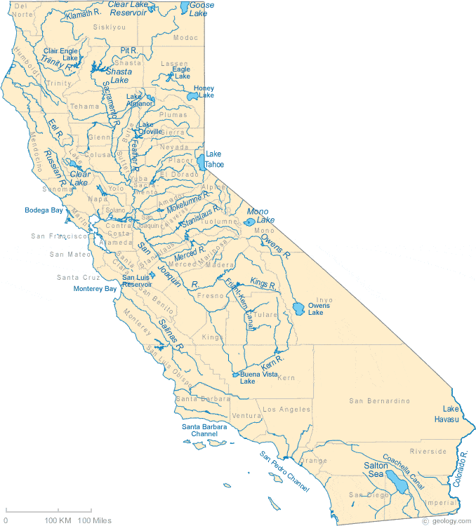 Map of California Lakes, Streams and Rivers