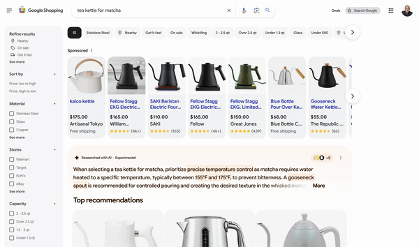 GIF showing Google Shopping’s interface for a search query 'tea kettle for matcha,' displaying personalized product recommendations, prices, and reviews, along with an AI-generated summary giving tips on selecting the right kettle for matcha.