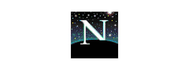 Netscape Navigator Web Page Loading Animation (top-right icon in browser) from 1994 showing a serifed ‘N’ on a dark horizon with white shooting stars crossing the screen from top-right to bottom left.