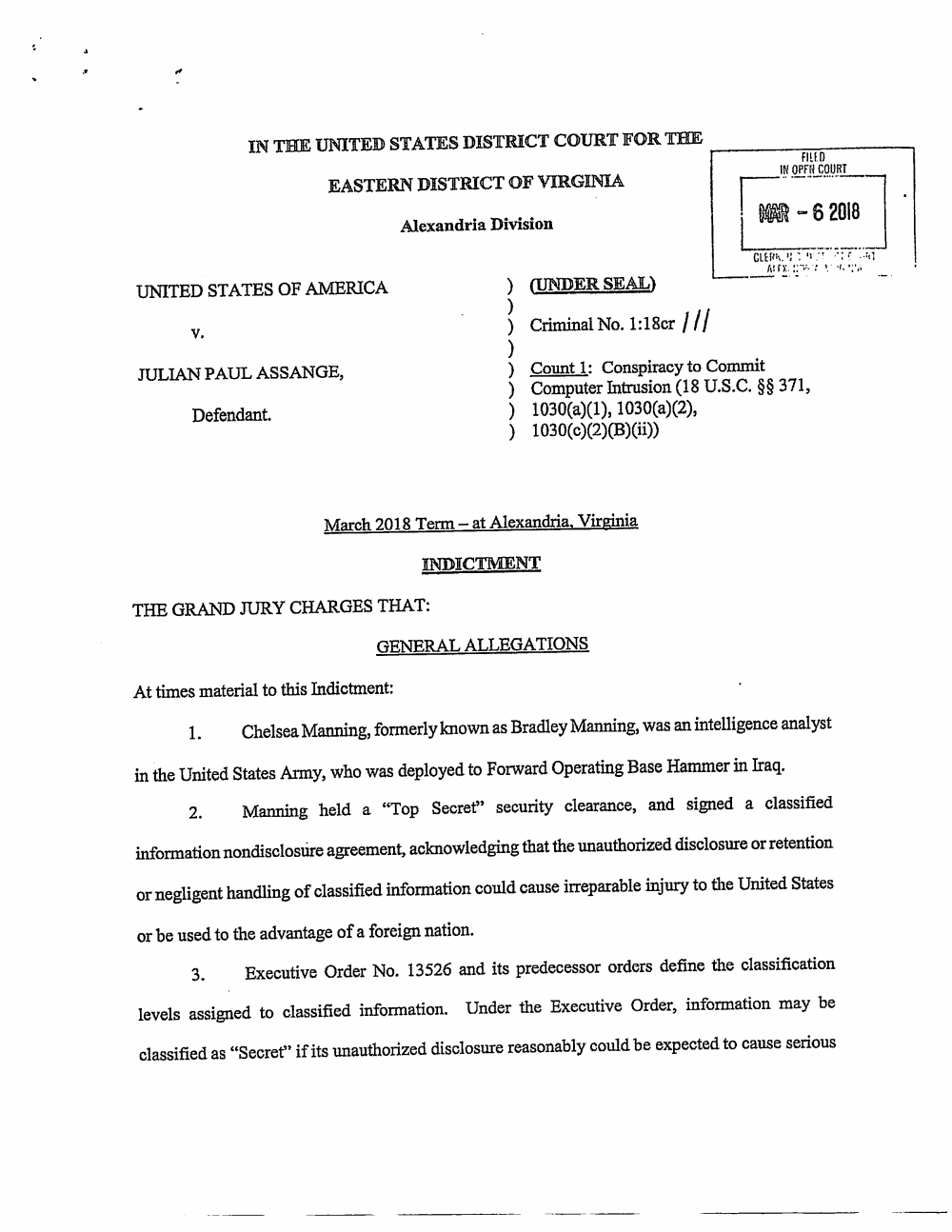 Page 1 of Assange Indictment